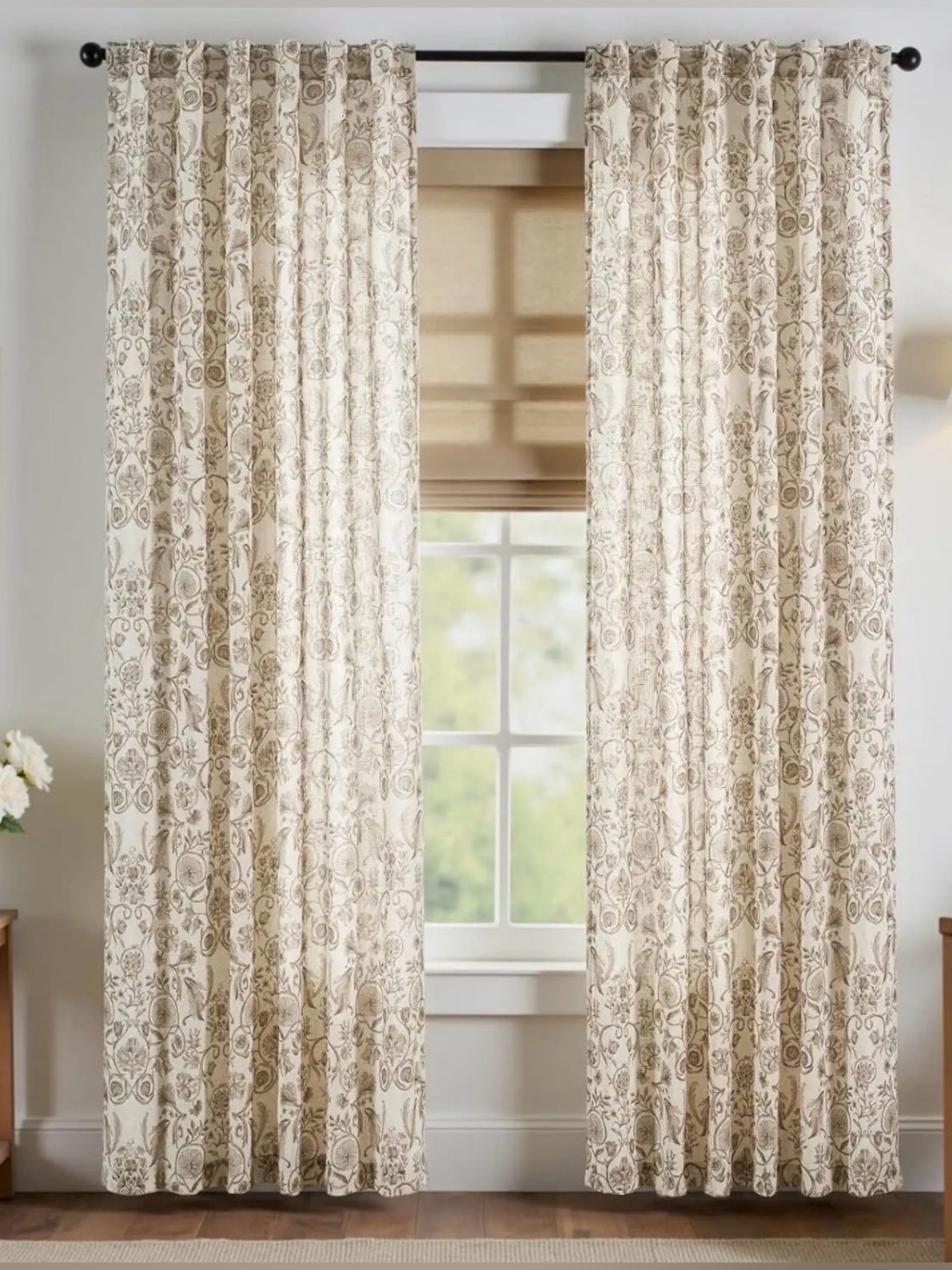 NWT JINCHAN Jacobean Floral Linen Curtains Taupe 50x84 2 Panels